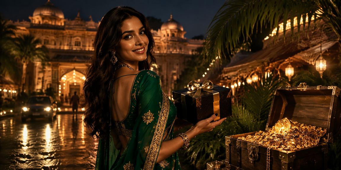 Young Indian woman enjoying online betting in traditional saree