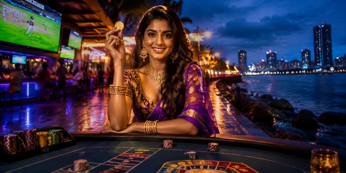 Young woman playing Teen Patti on mobile with bright city neon background